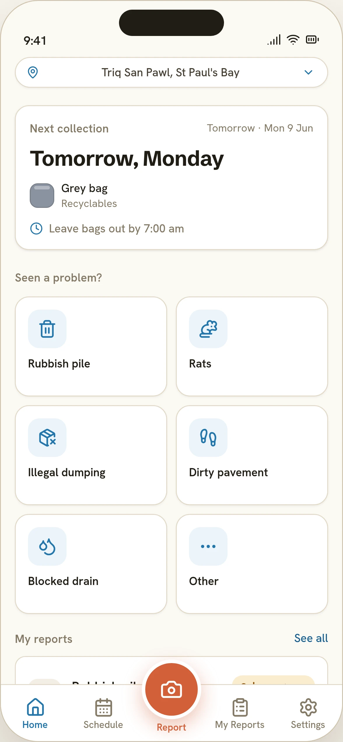 Nadif Malti Home: next collection card for Grey bag recyclables and a six-category quick-report grid