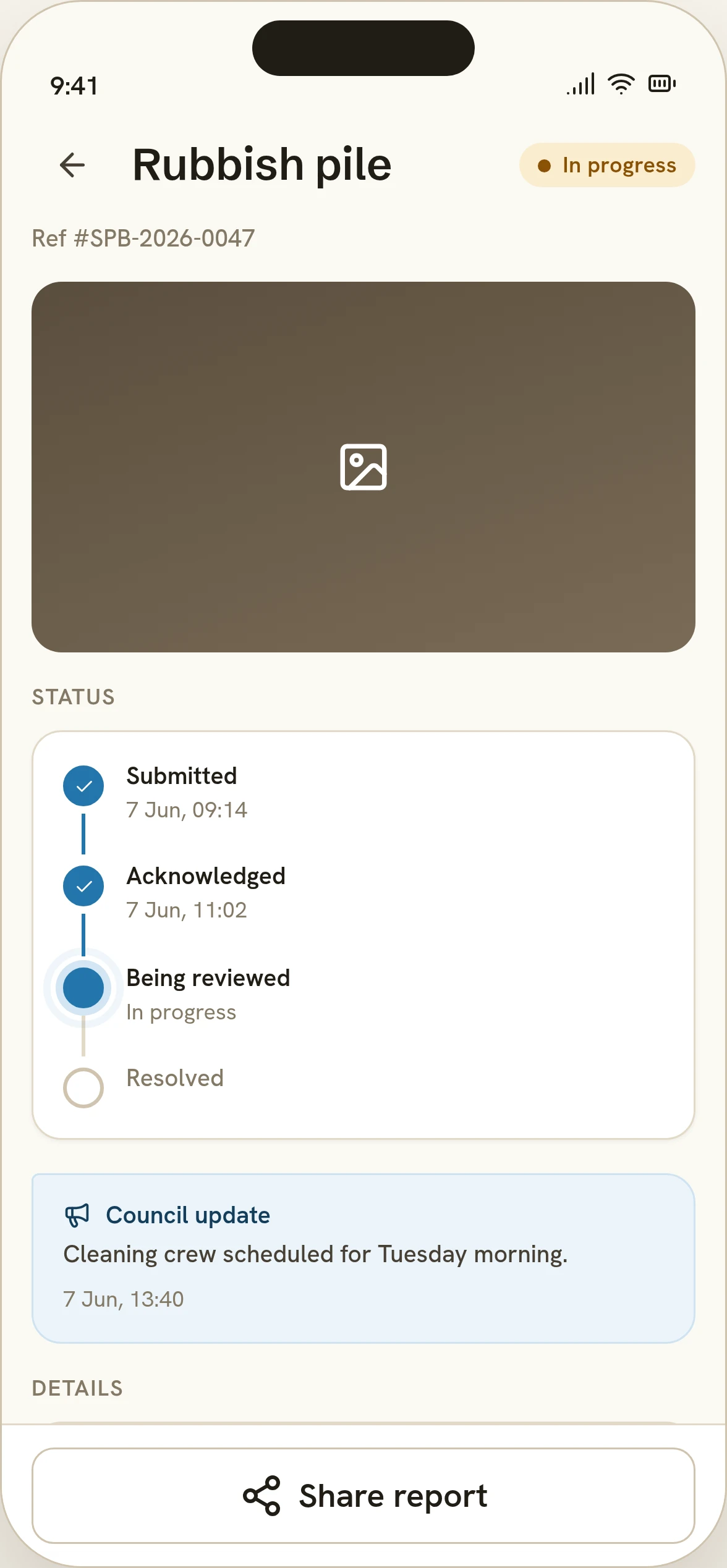 Nadif Malti report detail: submitted, acknowledged, being reviewed timeline with a council update note