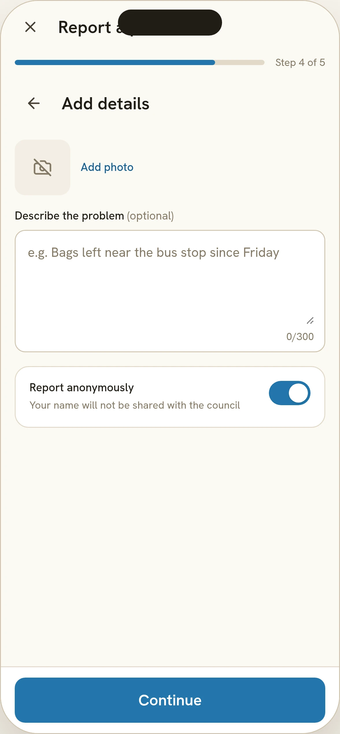 Nadif Malti report flow step 4: description field, anonymous toggle on, optional email