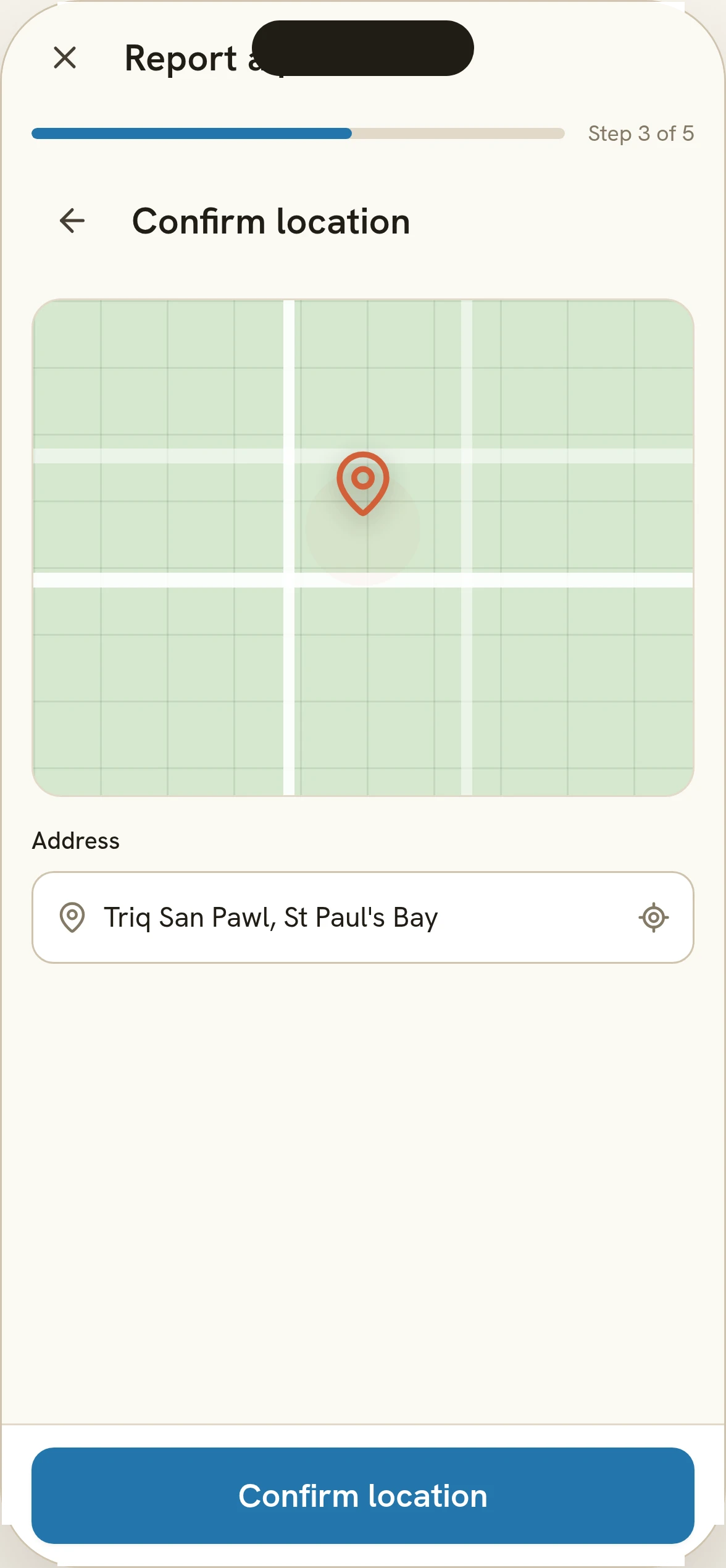 Nadif Malti report flow: Confirm location with a draggable pin