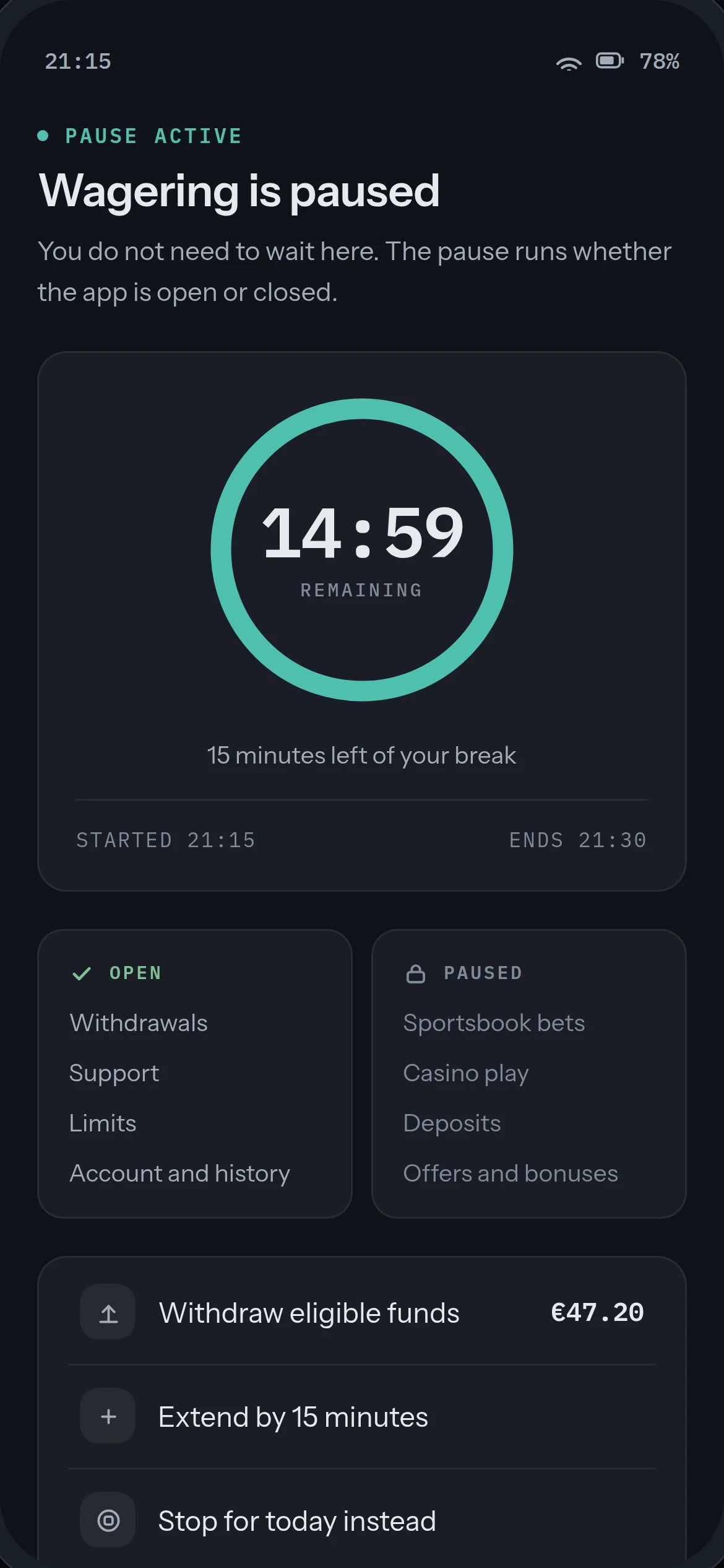Play Check-in pause active: 14:59 remaining, started 21:15 ends 21:30, withdrawals and support still open