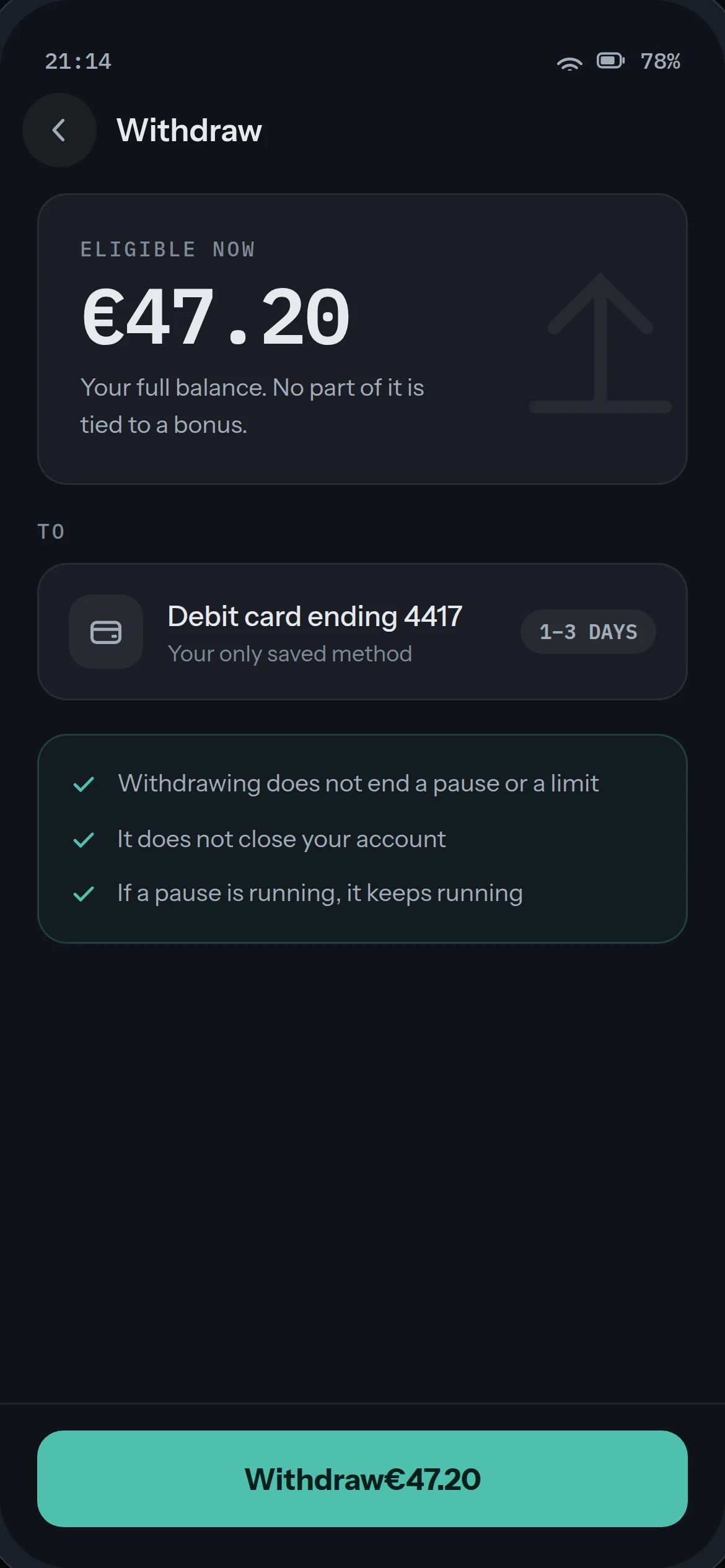 Play Check-in withdraw screen: €47.20 eligible now, to debit card ending 4417, 1–3 days