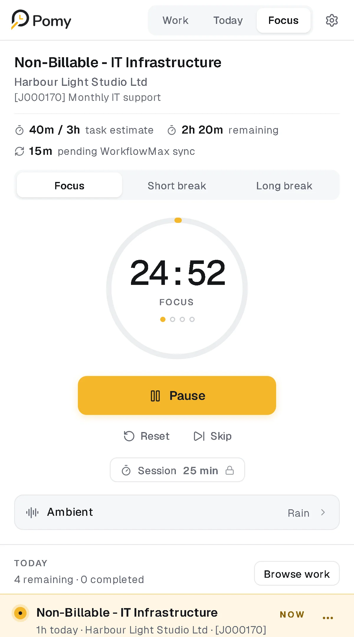 Pomy Focus screen with a running 25-minute session on a WorkflowMax task