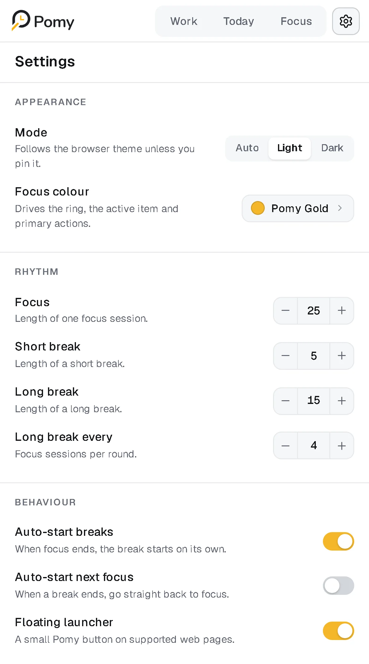 Pomy Settings: mode, focus colour, focus and break lengths, behaviour toggles