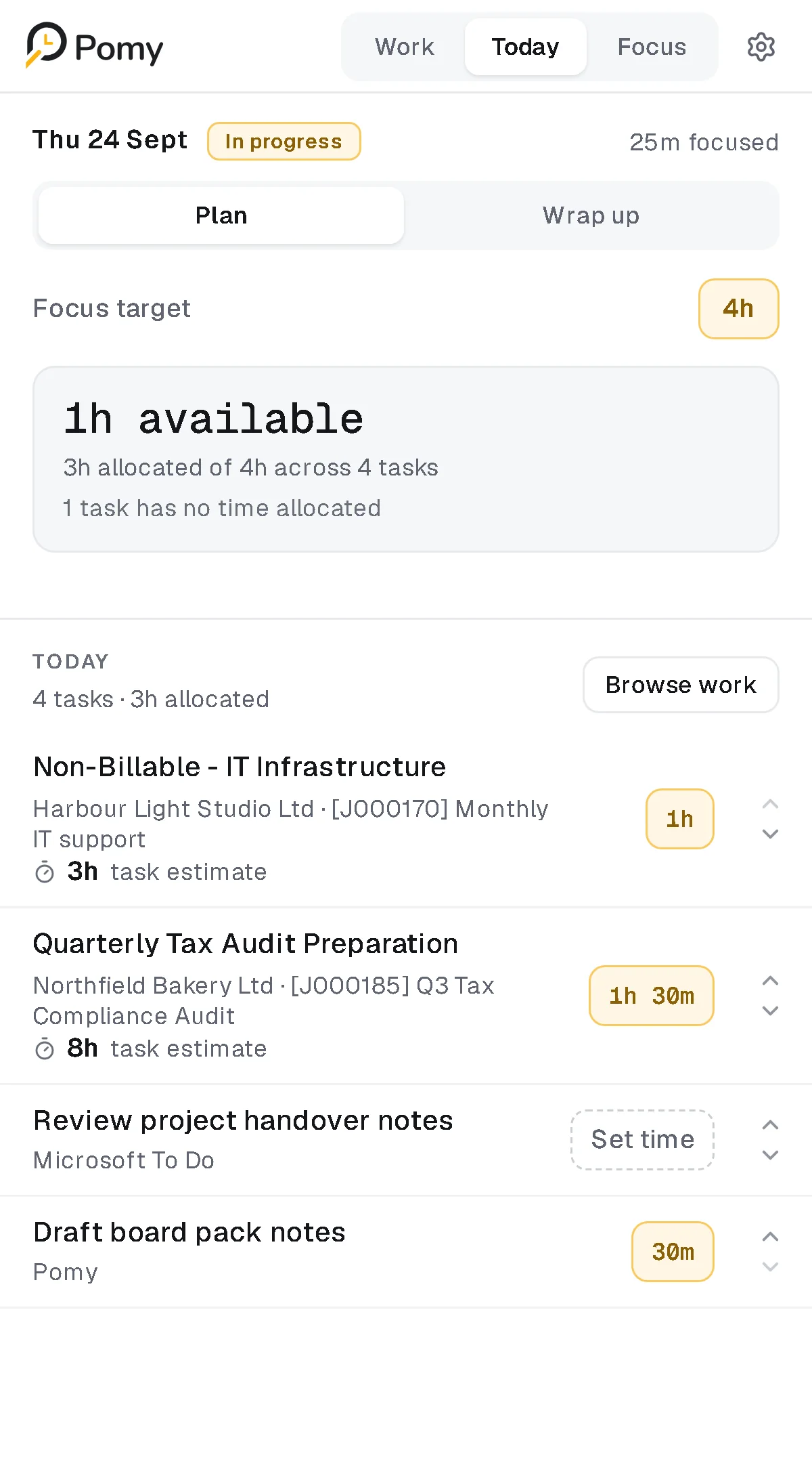 Pomy Today plan with a 4h focus target, 1h available and four tasks with time allocated