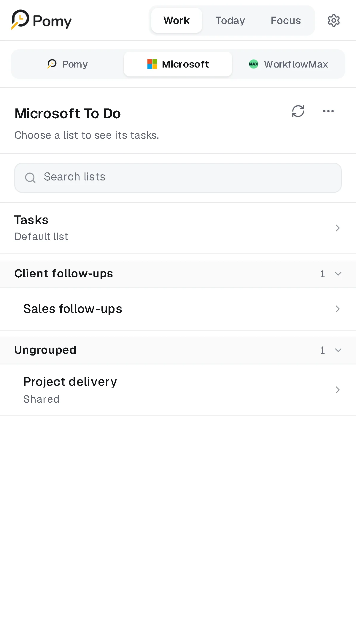 Pomy Work tab with Microsoft To Do lists in user-made groups
