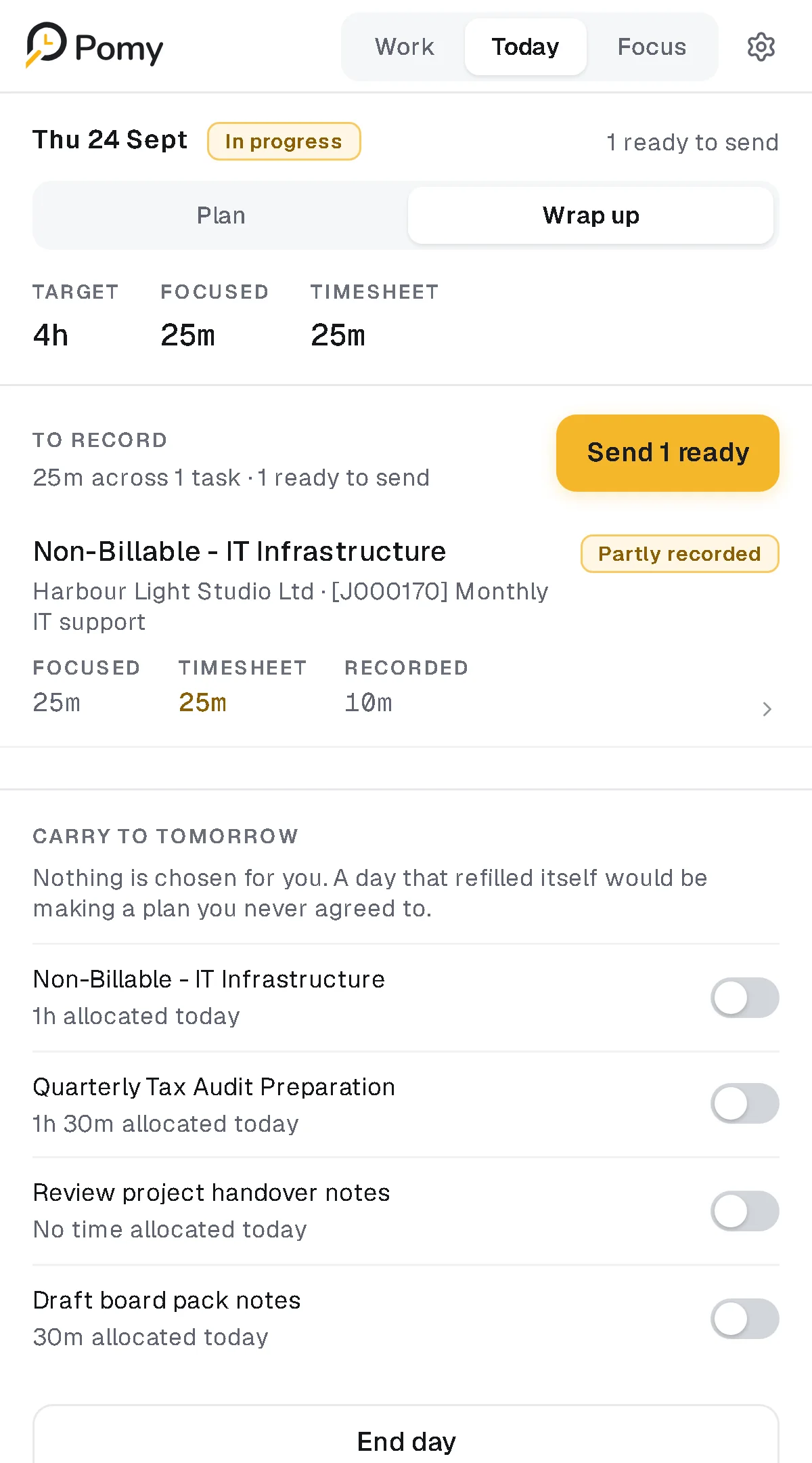 Pomy Wrap up with target, focused and timesheet totals and one task partly recorded