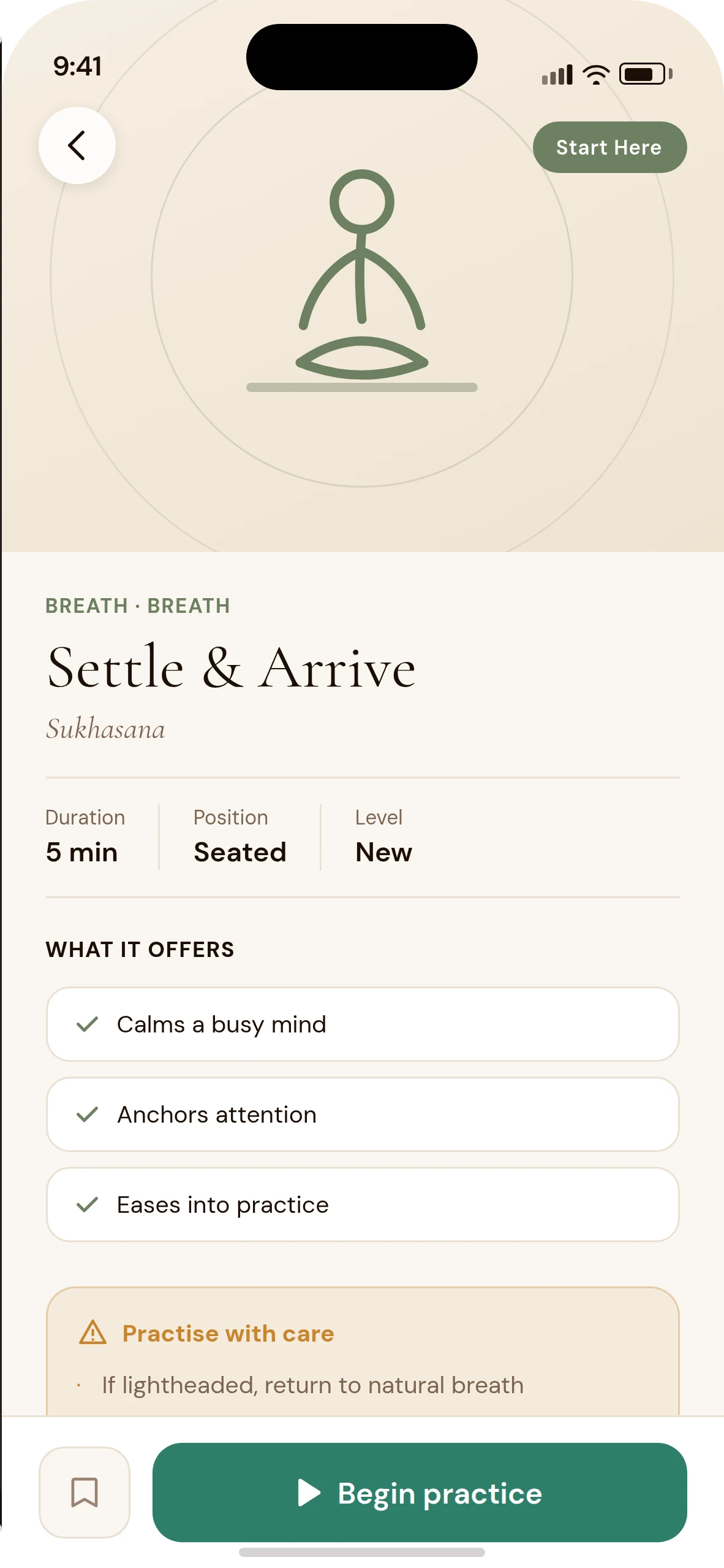 Sahaja practice detail: Settle & Arrive, 5 min, Seated, Start Here