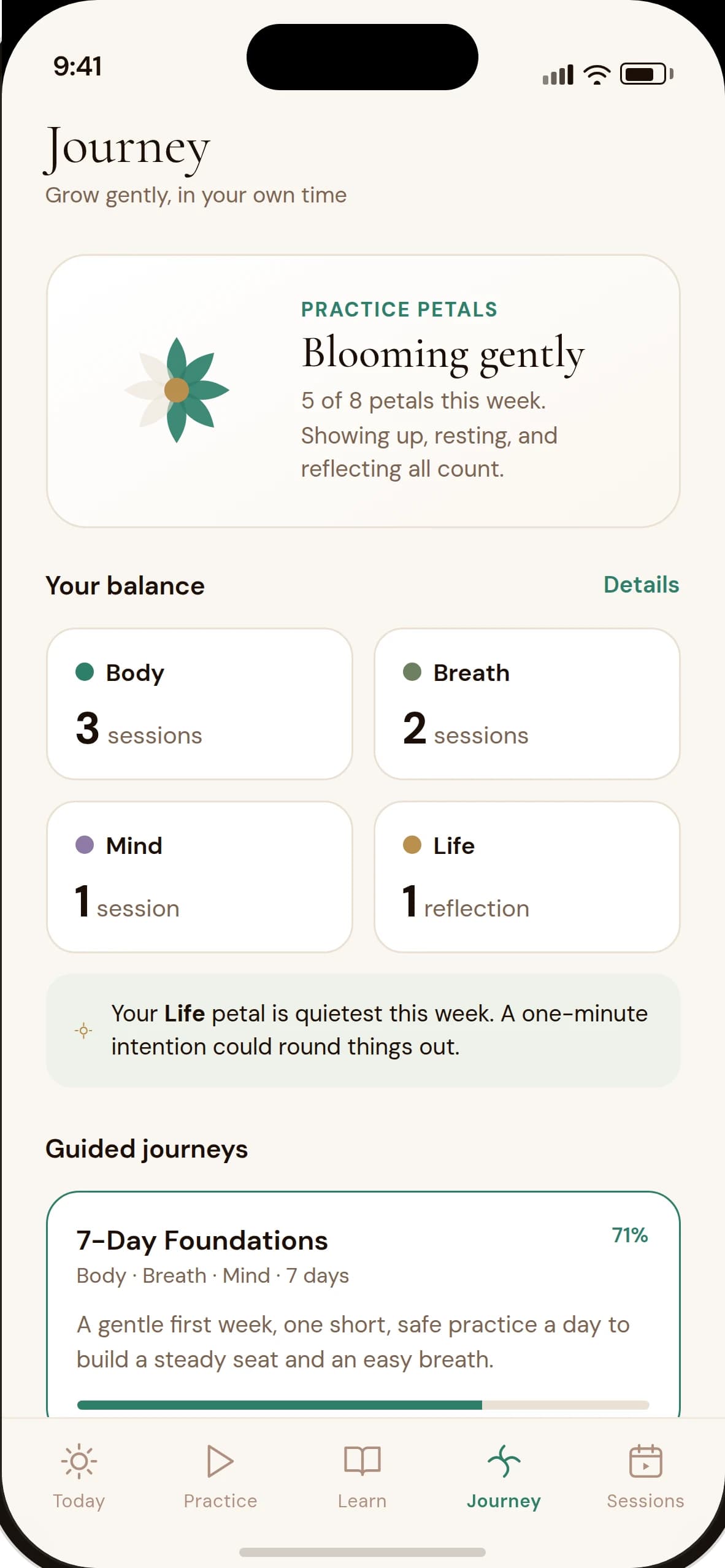 Sahaja Journey: Practice Petals at 5 of 8 this week, and 7-Day Foundations at 71%