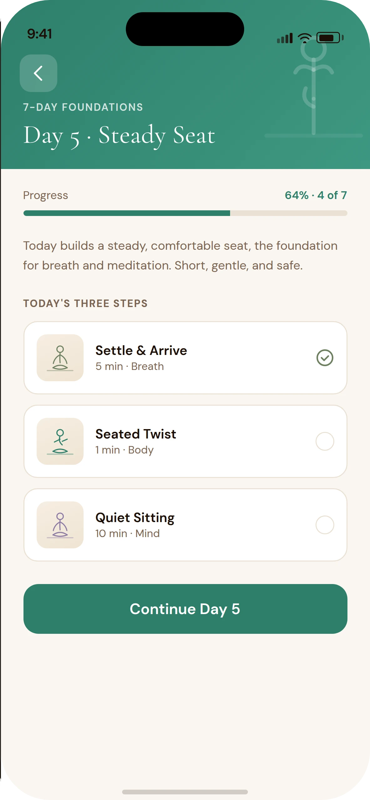 Sahaja journey detail: 7-Day Foundations, Day 5, Steady Seat, 64% complete, three practices for today