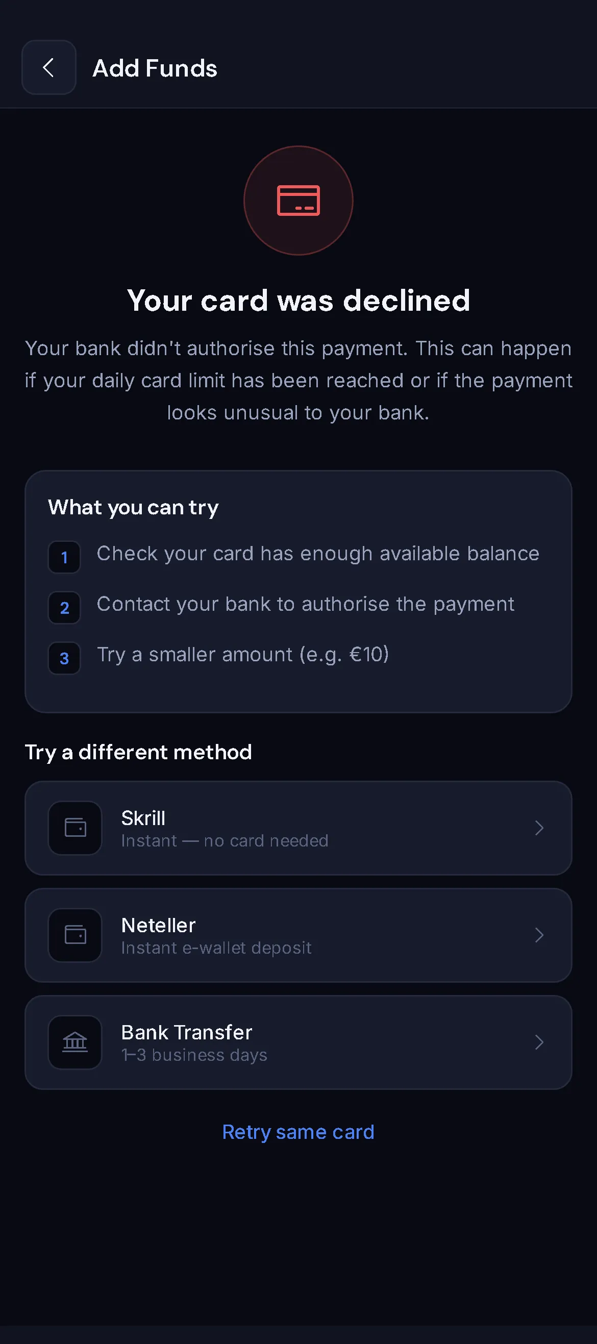 VantageBet card declined screen with what you can try and alternative payment methods