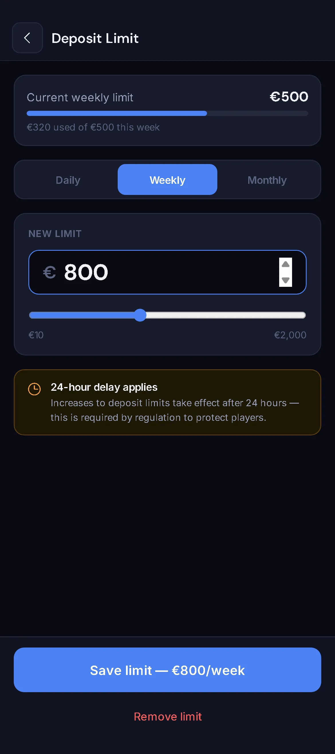 VantageBet Deposit Limit: new weekly limit €800 with a 24-hour delay notice