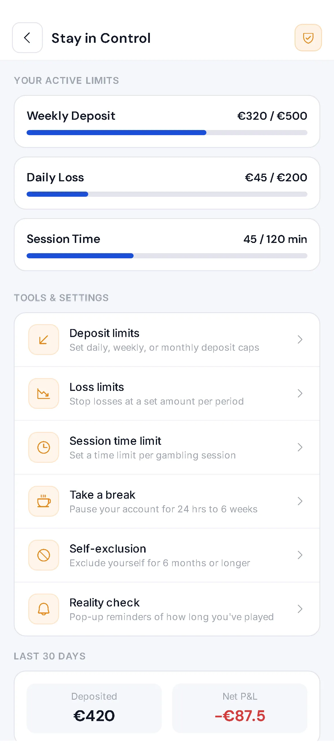 VantageBet Stay in Control in the light theme