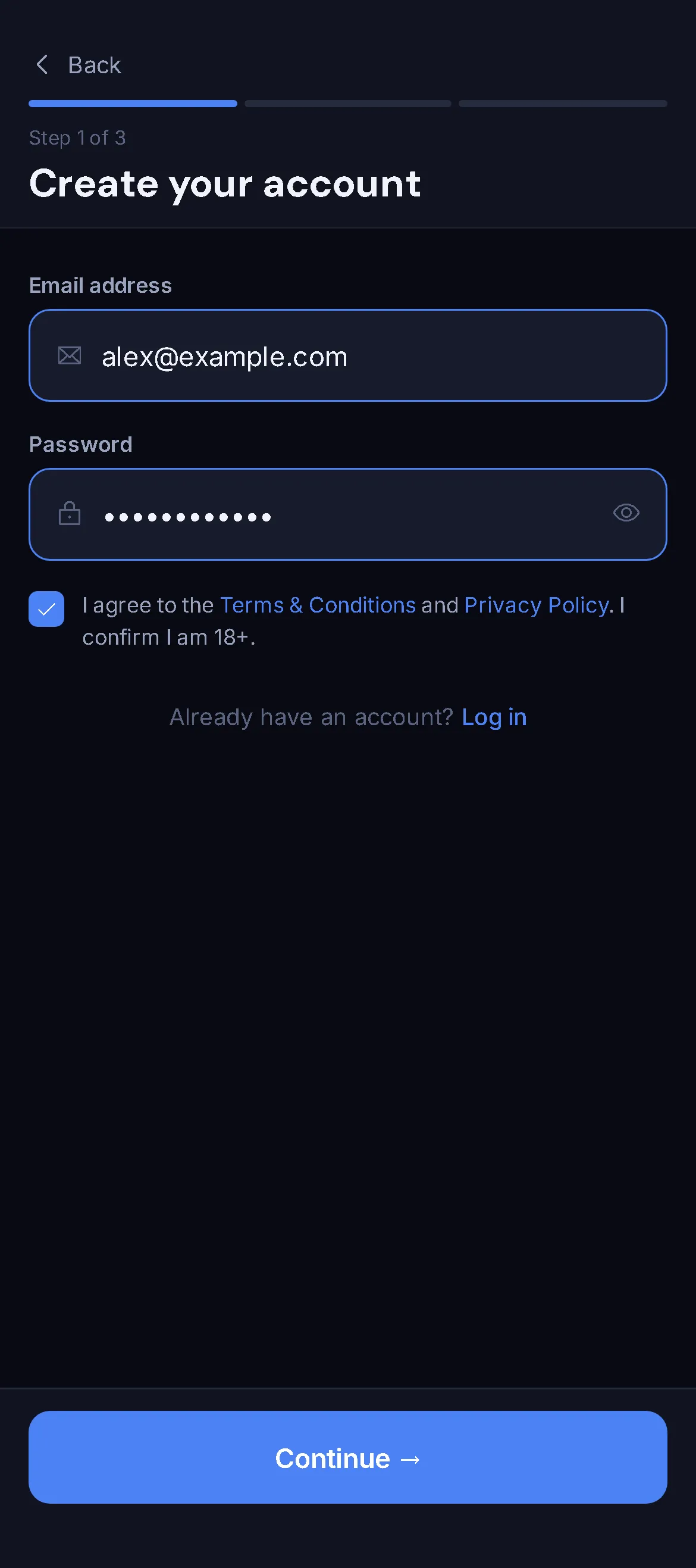 VantageBet sign-up step 1 of 3 with email, password and terms