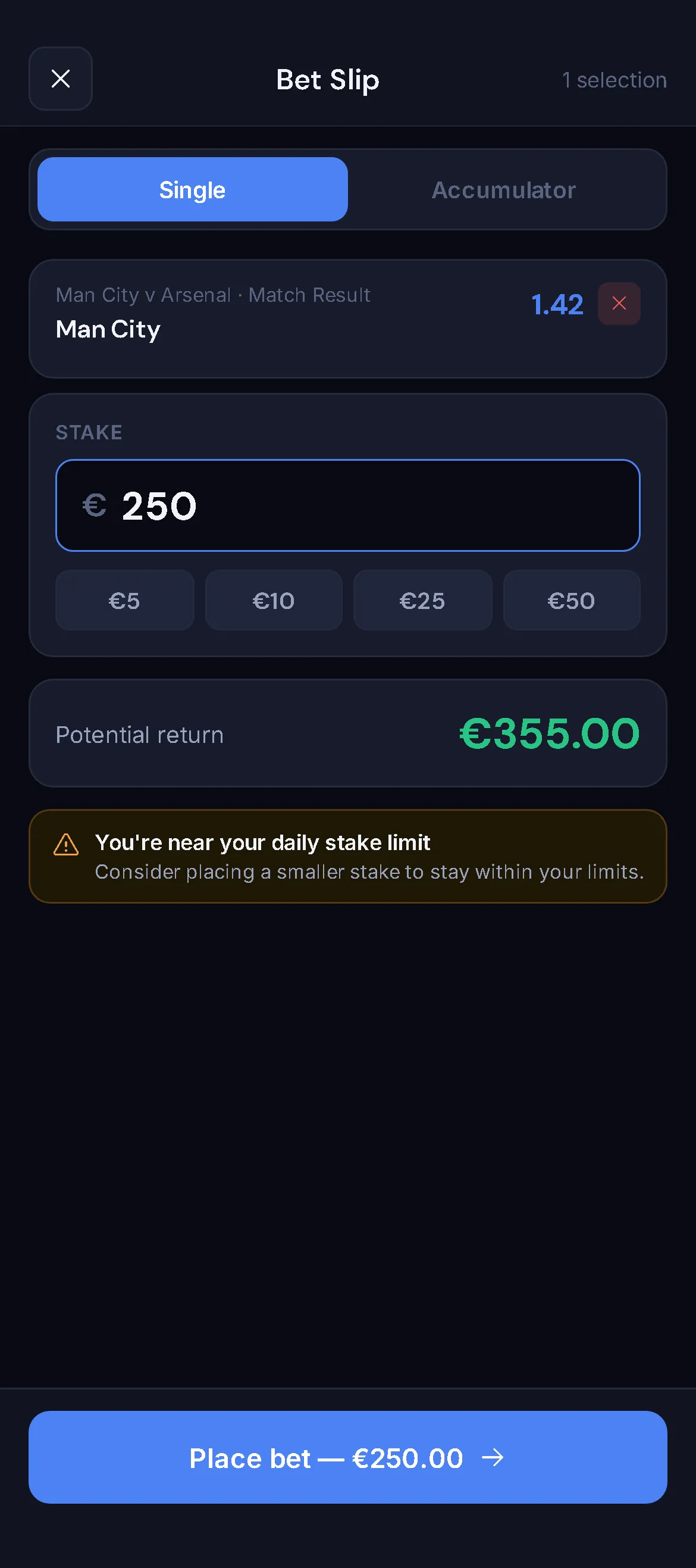VantageBet bet slip with a €250 stake and an amber note: near your daily stake limit